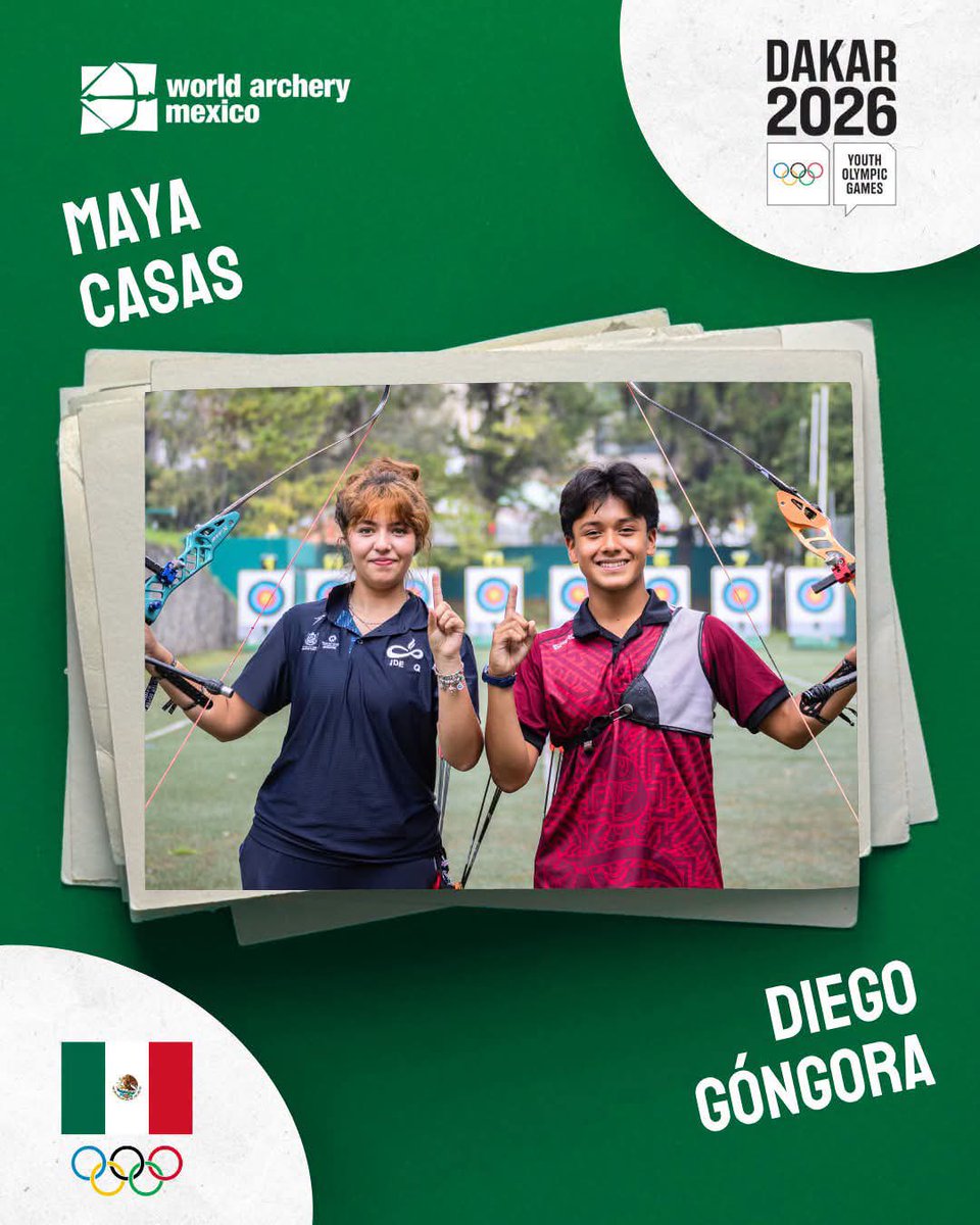 COM_Mexico's tweet photo. Tras un intenso selectivo en el CDOM, Maya Casas (Qro) y Diego Góngora (QRoo) aseguran su boleto en tiro con arco para los Juegos Olímpicos de la Juventud Dakar 2026. 🌍
Van a escribir el primer capítulo de su historia. 
¡Vamos! 💪🇲🇽 https://t.co/hSTY0HfVWh