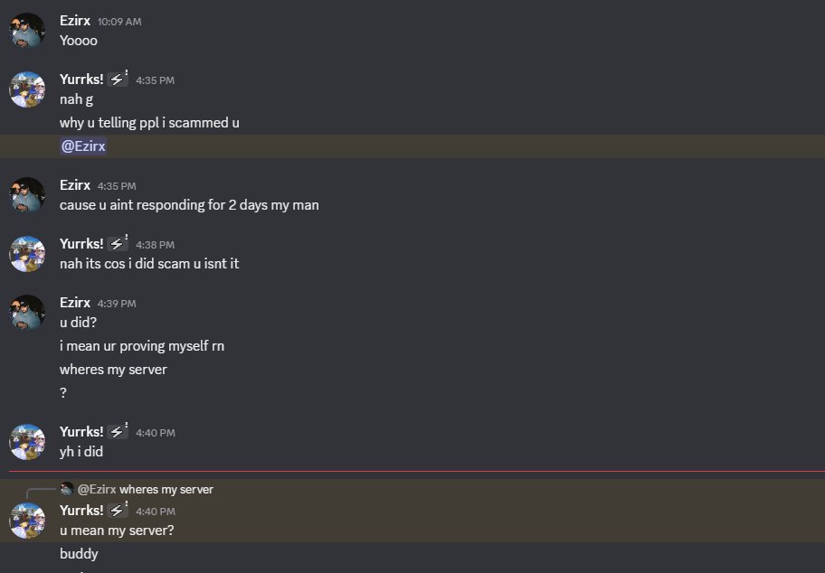 ezirxfv's tweet photo. scammed by @yurrksfn 

tried to buy the prism server, and then proceeded to ghost me for 2 days after buying https://t.co/NeCXZPK47W