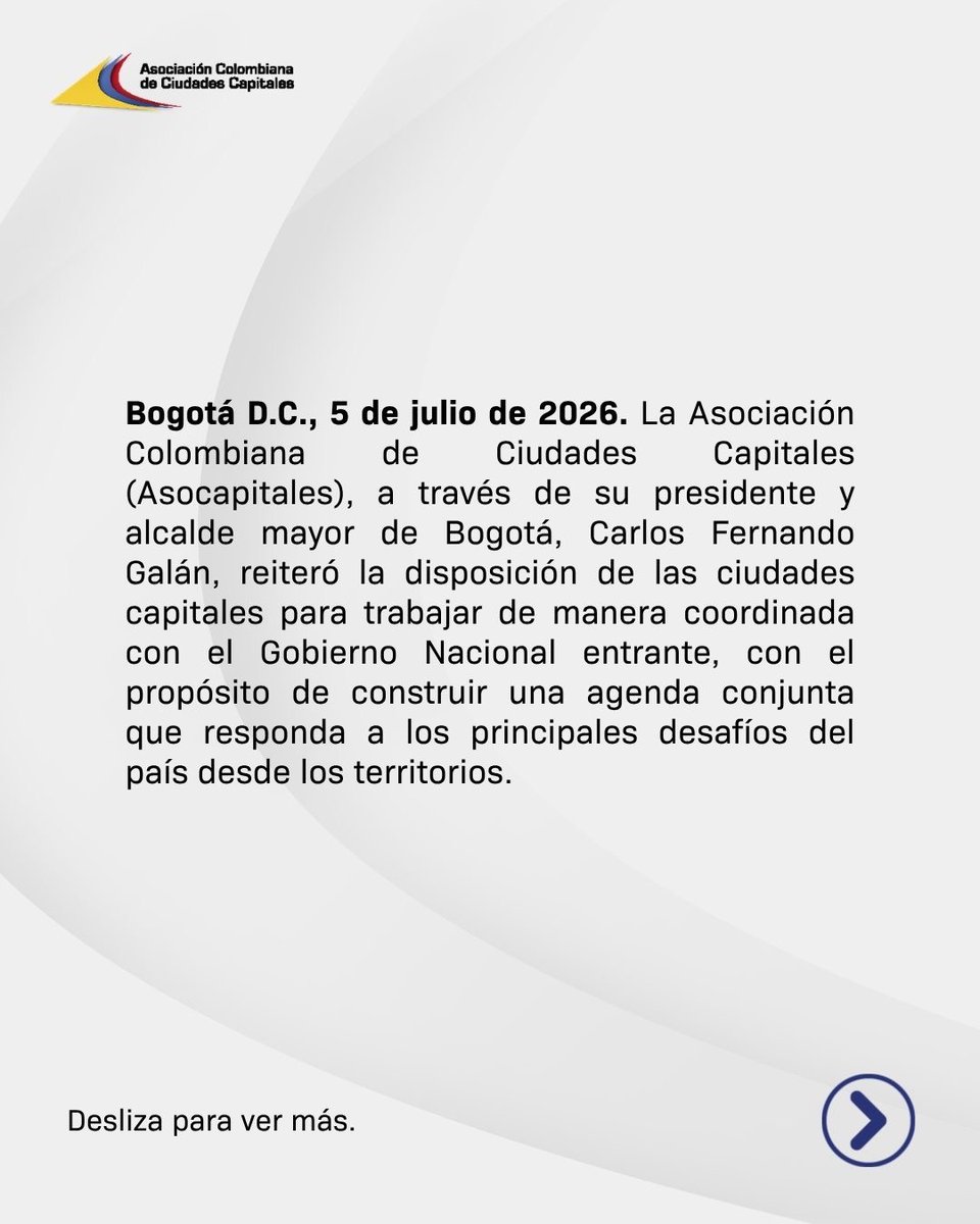 Asocapitales's tweet photo. #ComunicadoOficial | #Asocapitales reitera su disposición para trabajar de manera articulada con el nuevo Gobierno Nacional en la construcción de una agenda conjunta que responda a los principales desafíos del país desde los territorios.
Las ciudades capitales concentran cerca del 47 % de la población colombiana y generan más del 52 % del PIB nacional, lo que las convierte en actores fundamentales para fortalecer la seguridad, impulsar el desarrollo económico, mejorar la movilidad, ampliar las oportunidades sociales y consolidar una mayor autonomía territorial.
Desde Asocapitales seguiremos promoviendo espacios de articulación entre el Gobierno Nacional y los gobiernos locales para avanzar en soluciones que contribuyan al bienestar de todos los colombianos.
#Asocapitales #CiudadesCapitales #DesarrolloTerritorial