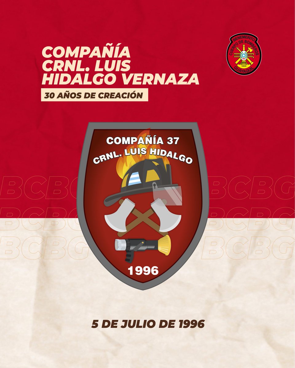 BomberosGYE's tweet photo. La Compañía No. 37 Crnl. Luis Hidalgo Vernaza celebra hoy 30 años de labor ininterrumpida. Su compromiso con la seguridad de los guayaquileños se mantiene firme.

#SomosBomberos #BCBG https://t.co/8V4m5oLx8S