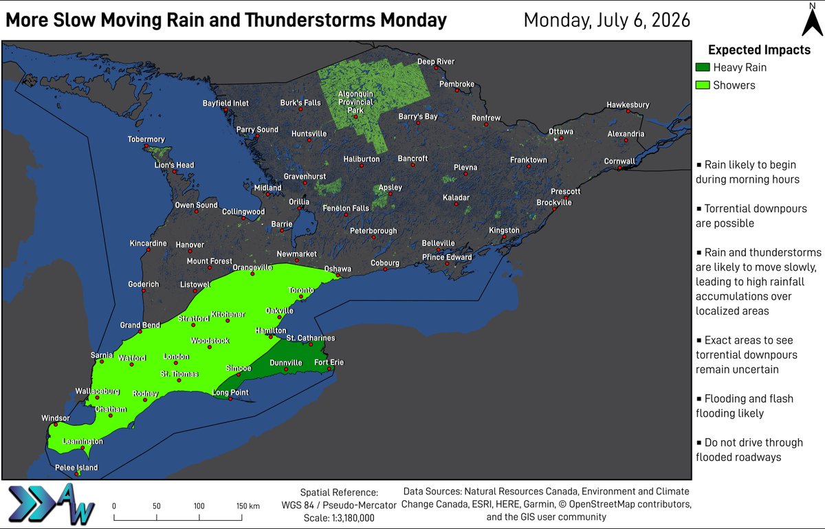AdvanceWeather's tweet photo. **More Slow Moving Rain and Thunderstorms Monday**

Heavy rain and embedded thunderstorms are expected in the Golden Horseshoe beginning Monday morning, likely continuing through the afternoon. Some showers are expected in Southwestern Ontario and the GTA through the day. https://t.co/izAYfzS42F