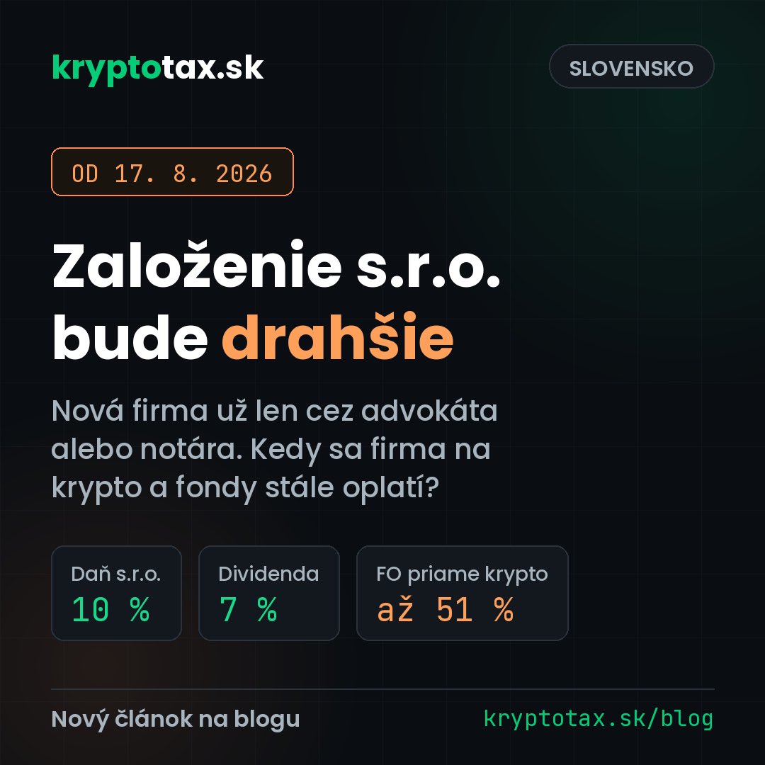 kryptotax_sk's tweet photo. Parlament schválil nový zákon o obchodnom registri. Od 17. 8. 2026 založíte s.r.o. len cez notára alebo advokáta: drahšie a formálnejšie.
Pre krypto traderov je to dôležitý dátum. Firma = 10 % daň, FO = až 51 %.
https://t.co/Zq0dNf4zIV 🇸🇰 https://t.co/no3rD9fyno