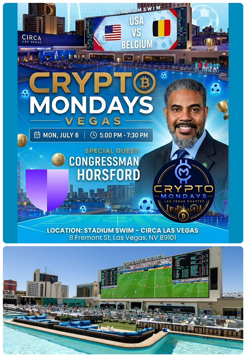 BlockchainVega1's tweet photo. .@Crypt0Mondays &amp; @standwithcrypto hosting @RepHorsford this Monday July 6th 

Representing Las Vegas Strip &amp; North Las Vegas

Free. QR code required for Vegas @stadiumswim 

https://t.co/XEXH7PRzq4 
 
Watch USA 🇺🇸 vs. Belgium 🇧🇪 World Cup from pool

Fireside chat during halftime https://t.co/xM7vzEvTdK