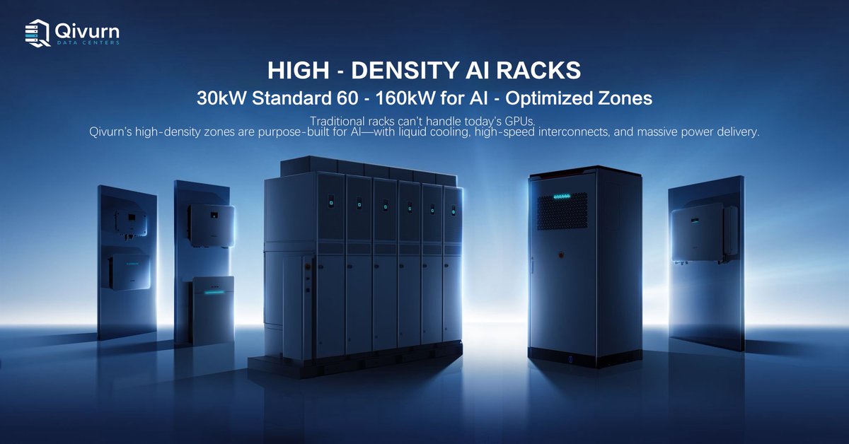 QivurnData's tweet photo. 60‑160kW per rack—that’s AI‑density. Qivurn’s racks are engineered for H100, H200, and GB200 clusters. No compromise on power or cooling.

#Qivurn #AIComputingPower #DataCenter #LiquidCooledRoom https://t.co/tYbZeoJgDE