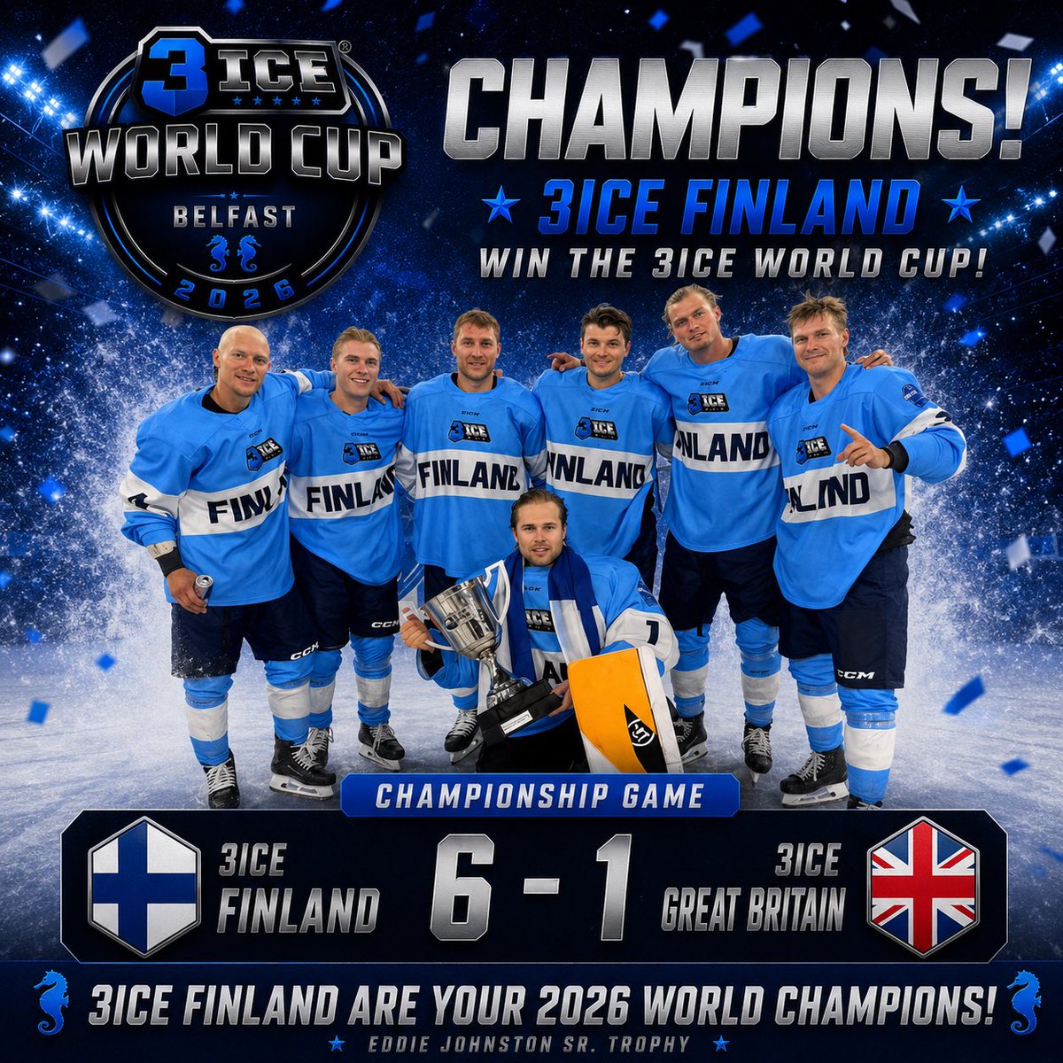 3IceHockey's tweet photo. 3ICE Finland defeats 3ICE Great Britain 6-1 to make history as the inaugural 3ICE World Cup Champions! 🇫🇮🔥 

@tkivi_26 wins tournament MVP 👏 

Congratulations and thanks to all the fans in Belfast!
See you next year 🙌 https://t.co/GGtWzJArnT