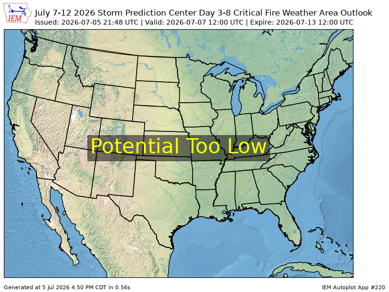 WCCH2024's tweet photo. The Storm Prediction Center issues Day 3-8 Fire Weather Outlook at Jul 5, 21:48z https://t.co/v1L5ZpgfBL https://t.co/fCo45a84uo