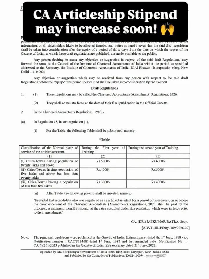 immanojkohli's tweet photo. ICAI has proposed higher stipend rates for CA Articleship students under the Draft Amendment Regulations, 2026. A welcome move for the profession. Are you happy 😃 #ICAI #CAStudents #Articleship #Stipend #CAProfession #India https://t.co/fesSoLyzSr