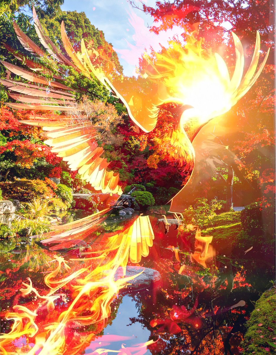sanrotasu0216's tweet photo. A phoenix taking flight from the garden.  Một con phượng hoàng cất cánh bay khỏi khu vườn #AI #PS #Adobe https://t.co/ShySntOdna