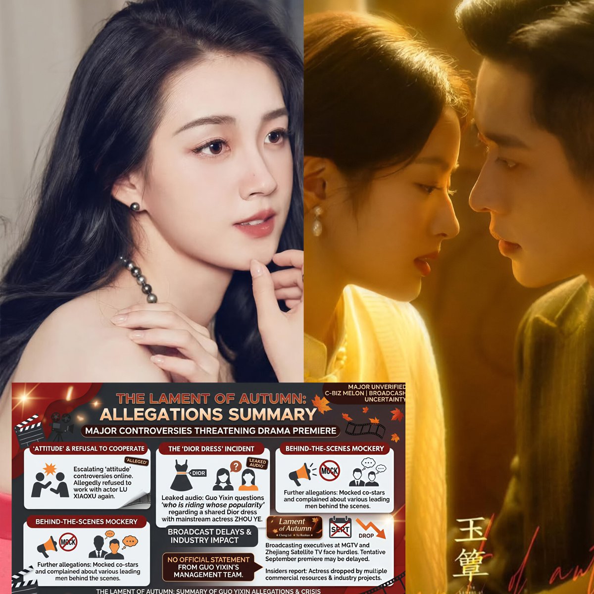 joyandvictoriaT's tweet photo. MELON: The premiere of #ChengLei & #XuRuohan’s upcoming drama #TheLamentofAutumn might face major delays due to a massive public image crisis surrounding 2nd female lead #GuoYixin.
​Leaked audio allegedly shows her mocking co-stars and complaining about a shared Dior dress with #ZhouYe. Brands are reportedly already dropping her. 😱🎬
​#YuDianQiu #ChengLei #XuRuoHan #Cdrama