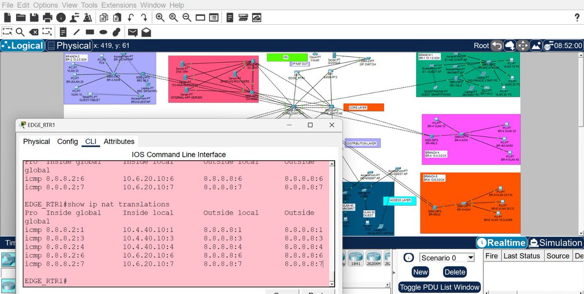Eniolaomodunke's tweet photo. Another day of staring at packet tracer until my eyes fall out but at least the PAT mappings are valid๐ธ
#networkengineering #Cisco #Networking #CCNA https://t.co/C7z27LngEu