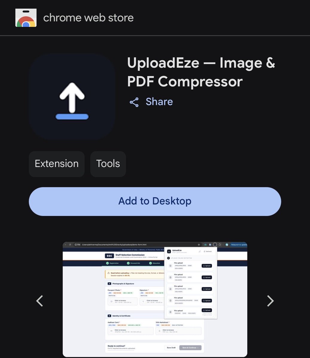 abhisaas's tweet photo. 🚀 UploadEze is now live on the Chrome Web Store!

Auto-detect upload requirements, resize images &amp; convert PDFs in one click.

Try it here 👇  
https://t.co/CfmOwuPrio

#BuildInPublic #ChromeExtension #Productivity https://t.co/eblds3PKPo