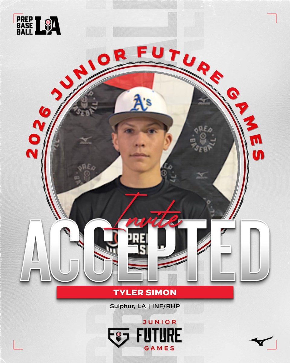 PrepBaseballLA's tweet photo. 🎟️ 𝐉𝐮𝐧𝐢𝐨𝐫 𝐅𝐮𝐭𝐮𝐫𝐞 𝐆𝐚𝐦𝐞𝐬 𝐈𝐧𝐯𝐢𝐭𝐞 𝐀𝐜𝐜𝐞𝐩𝐭𝐞𝐝

2030 Tyler Simon (Sulphur, LA) is headed to @LakePointSports to represent Louisiana at the 2026 Prep Baseball Junior Future Games.

#BeSeen #PBJFG26

👤 https://t.co/Y9wSCpCkPz https://t.co/1SWN1tffZo