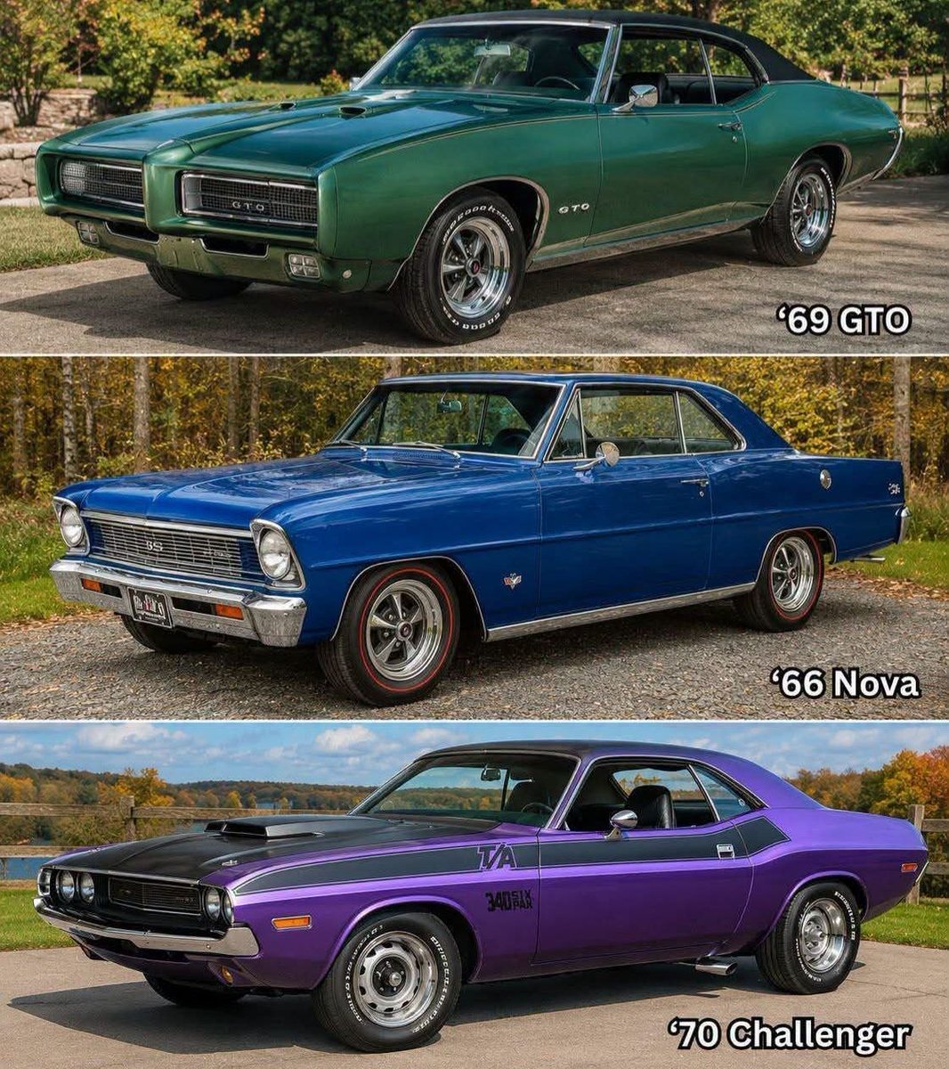 HappyMotorhead's tweet photo. Top, Middle, or Bottom? 

Top: ’69 Pontiac GTO
Middle: ’66 Chevy Nova SS
Bottom: ’70 Dodge Challenger T/A https://t.co/13AvAa4LSD