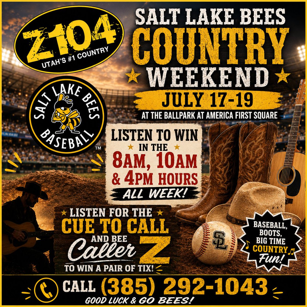 Z104Country's tweet photo. Win tickets all week for #SLBees Country Weekend July 17-19 at The Ballpark at America First Square!  Join #Z104Country for Baseball, Boots, and Big Time Country Fun!  Listen for the cue to call all week in the 8am, 10am, and 4pm hours to win your FREE tickets! https://t.co/EbYUDEFJaw
