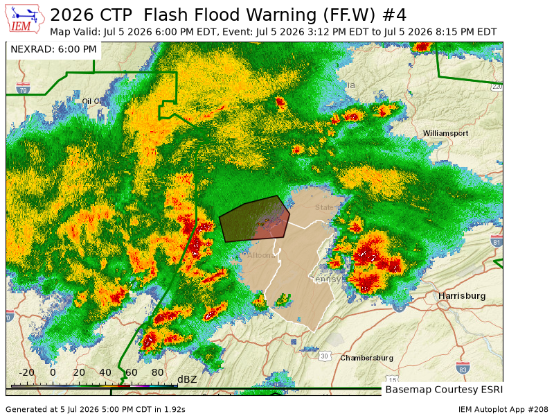 WCCH2024's tweet photo. CTP extends time of Flash Flood Warning [flash flood: observed, flash flood damage threat: considerable] for Blair, Cambria, Centre, Clearfield, Huntingdon [PA] till Jul 5, 8:15 PM EDT https://t.co/AXduf8otIa https://t.co/X0DRtV45vS