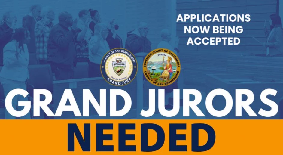 A group of people standing in a room with raised hands. Logos of the Superior Court of California, County of San Bernardino, and the County of San Bernardino Grand Jury are displayed. The text reads, "Applications now being accepted. Grand Jurors Needed.