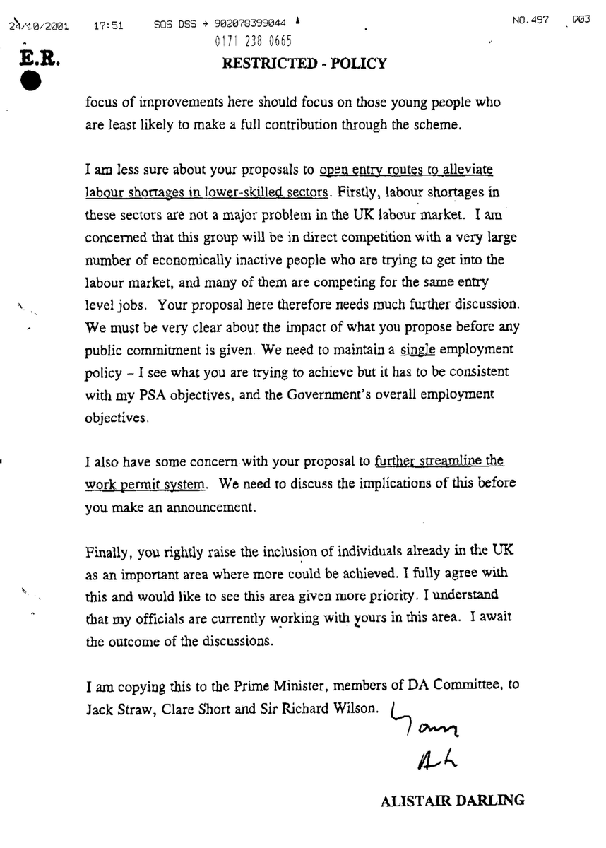 tempestvista's tweet photo. 2001: Alistair Darling raises concerns to David Blunkett that low-skilled migrants would "be in direct competition with a very large number of economically inactive people who are trying to get into the labour market, and many of them are competing for the same entry level jobs." https://t.co/Csh2W4XtgM
