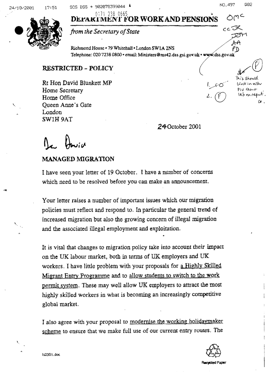 tempestvista's tweet photo. 2001: Alistair Darling raises concerns to David Blunkett that low-skilled migrants would "be in direct competition with a very large number of economically inactive people who are trying to get into the labour market, and many of them are competing for the same entry level jobs." https://t.co/Csh2W4XtgM