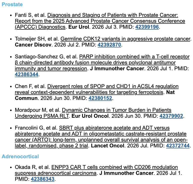 DanaFarber_GU's tweet photo. GU Research Digest for the week of June 27 - July 3: a selection of publications about GU cancers in high-impact journals. Search the PMIDs on https://t.co/F03S8cX7Rn to read! https://t.co/9ftUfncT5P