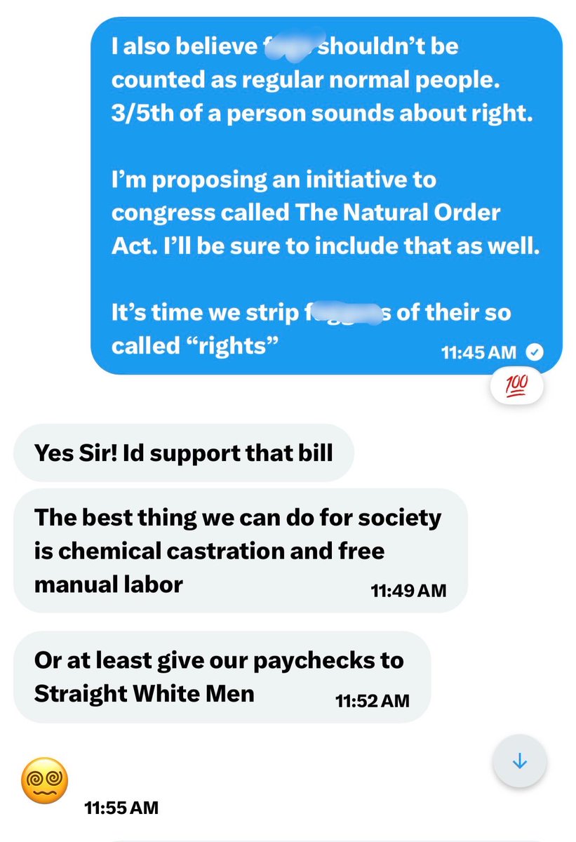 PatriarchDaddy's tweet photo. Who else wants to support my new initiative, The Natural Order Act and help me strip away the rights of homosexuals everywhere? 

Under this bill, every homosexual will be counted as only 3/5th of a person, drastically reducing their so called rights. 

Gays will also be required to submit their entire paychecks to straight white men. 

And this fairy just took his first step. 

Want to champion the cause? Hit me up in my DMs to discuss the initiative in detail along with your donation. 

There’s never been a better time in this country to accept your role and fund the straight white men who were born to lead. 

#MAGA