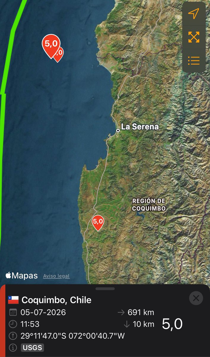 TuiteroSismico's tweet photo. CHILE 🇨🇱: Varios sismos se han percibido en el norte de Chile entre Atacama y Coquimbo! estas últimas horas en particular en la zona de Coquimbo 
Los últimos 3 sismo de 5.0 

La zona está en con un altísimo porcentaje y en rojo ! https://t.co/uQefwD0nzU