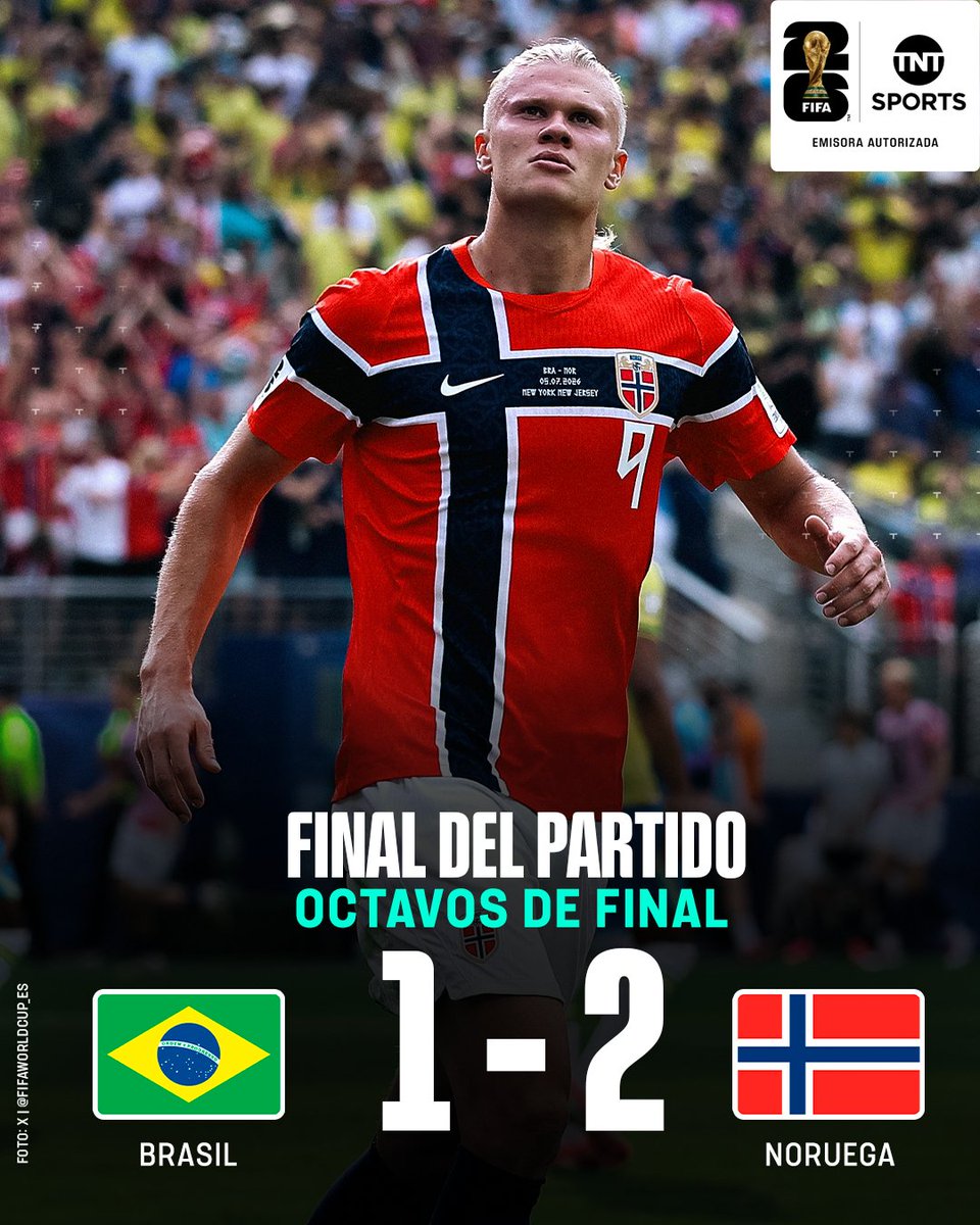 TNTSportsCL's tweet photo. 🤖🤯🇳🇴 ¡ERES DE OTRO PLANETA ERLING! NORUEGA DA EL BATACAZO Y ELIMINA A BRASIL

Haaland fue el gran héroe de los Vikingos y anotó un doblete en el histórico triunfo de su selección, que elimina a los pentacampeones del mundo y timbra la clasificación a los cuartos de final de la Copa Mundial de la FIFA 26™️.

En su última función, Neymar descontó desde los doce pasos en los descuentos. Los europeos esperan en la llave de los ocho mejores al ganador entre México e Inglaterra.

#TNTSportsMundial.