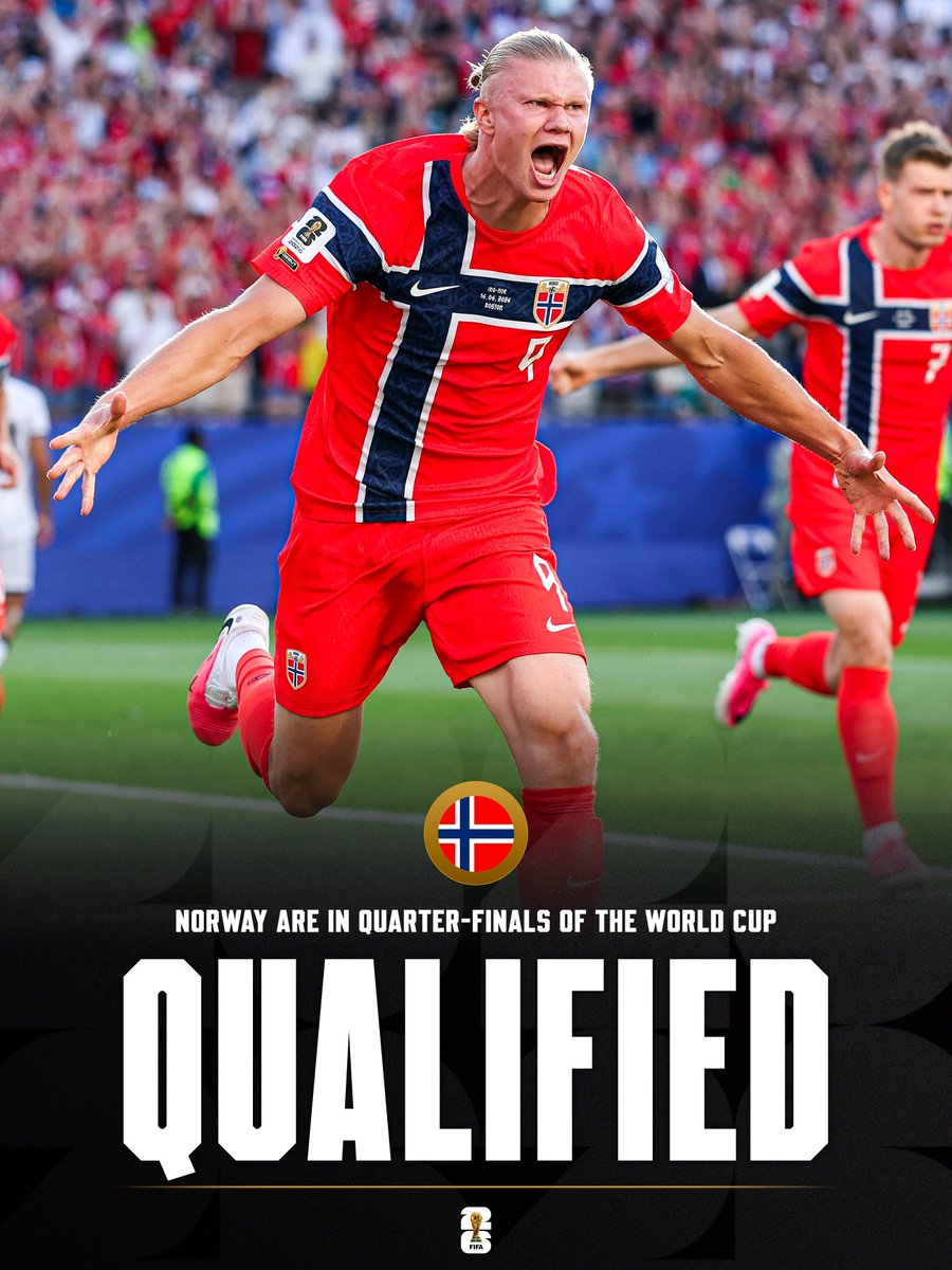Agent4872's tweet photo. 🚨🚨 OFFICIAL: NORWAY QUALIFY TO WORLD CUP QUARTER FINALS FOR THE FIRST TIME EVER. 🇳🇴 https://t.co/nSRBUA3myG