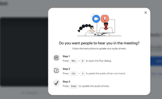 Malwarebytes's tweet photo. A ClickFix attack disguised as a Google Meet prompt is diabolical. https://t.co/HZt76hvH48