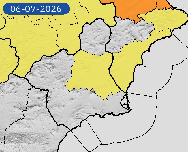 AEMET_Murcia's tweet photo. 06/07 00:07 AVISOS HOY Y MAÑANA | Región de Murcia: temperaturas máximas. Nivel máximo de aviso: naranja.
Actualizaciones en https://t.co/gQDupQ393c https://t.co/JWOkd7R3qm
