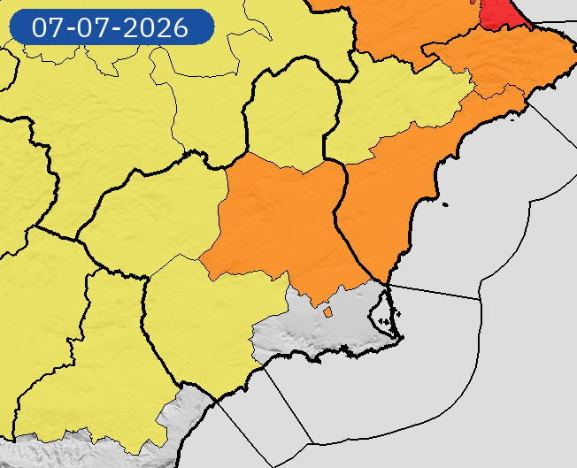AEMET_Murcia's tweet photo. 06/07 00:07 AVISOS HOY Y MAÑANA | Región de Murcia: temperaturas máximas. Nivel máximo de aviso: naranja.
Actualizaciones en https://t.co/gQDupQ393c https://t.co/JWOkd7R3qm