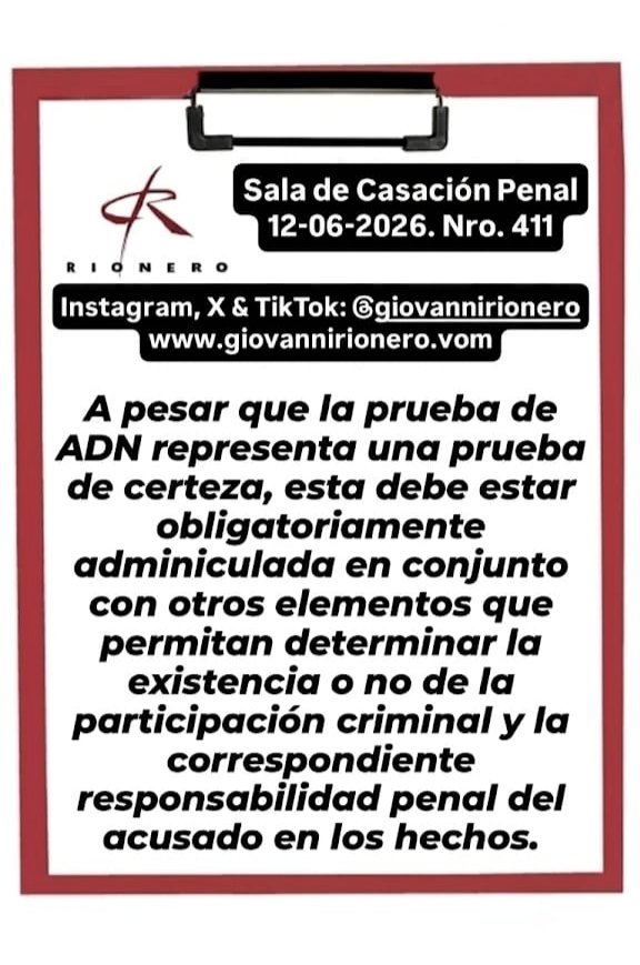 GiovanniRionero's tweet photo. #ADN Reciente sentencia en la cual se advierte que, a pesar de que la prueba de ADN representa una prueba de certeza, esta debe estar obligatoriamente adminiculada en conjunto con otros elementos que permitan determinar la existencia o no de la participación criminal y la correspondiente responsabilidad penal del acusado en los hechos.