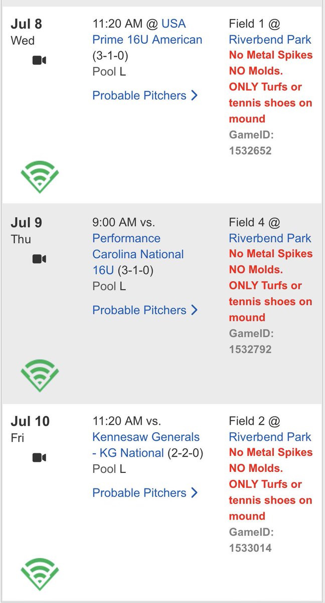 wyattjones34's tweet photo. WWBA schedule is out for @eXposureBB 16u National

Monday 7/6
📍East Cobb Field 3 @ 3PM

Tuesday 7/7
📍Riverbend Park Field 4 @ 9AM

Wednesday 7/8
📍Riverbend Park Field 1 @ 11:20AM

Thursday 7/9
📍Riverbend Park Field 4 @ 9AM

Friday 7/10
📍Riverbend Park Field 2 @ 11:20AM https://t.co/WgFV0ZmcTr