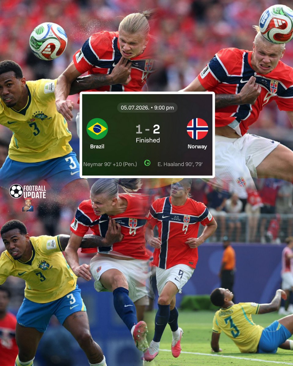 FootballUpdateo's tweet photo. 🚨BREAKING: Brazil are OUT of the 2026 FIFA World Cup after Haaland produced another masterclass, scoring twice to fire Norway into the quarter-finals. 

⚽ 4 FIFA World Cup appearances
⚽ 6 World Cup goals
⚽ Goals against Brazil
🔥 Scored in 14 consecutive international matches https://t.co/ZDpBdZm0ST
