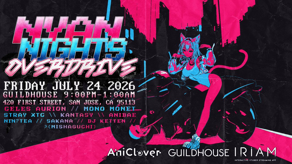 CelesAurion's tweet photo. Can you believe it's July already!?! You know what that means is around the corner... WE ARE OFFICIALLY UNDER THREE WEEKS OUT FROM NYAN NIGHTS: OVERDRIVE!

If you missed the first announcement (or had trouble reading the poster ^^"... we fixed it) here's the quick version: WE ARE TAKING OVER THE BACKROOM AT GUILDHOUSE!!! San Jose, Friday, July 24th from 9PM to 1AM, Nine different performers, Vtuber DJ's and IRL DJ's alike, four hours of fun and hype, and completely free!!! LITERALLY 400 FEET FROM THE CON!!!!

The full lineup and all the details are in the post below, so give it a read if you haven't yet!

Can't make it out to Offkai in person? Don't worry at all. The whole night is streaming live, so you can rave with us from where ever you are! :3 We wanted to make sure all could come!

As I mentioned before, this is the biggest in-person even I've ever put together, and a huge opportunity that I am very grateful for with huge thanks to all involved (shout out to @AniClover @IRIAM_US @guildhouse for making it possible). 

I can't wait to party with you all soon! See you on the 24th!!!