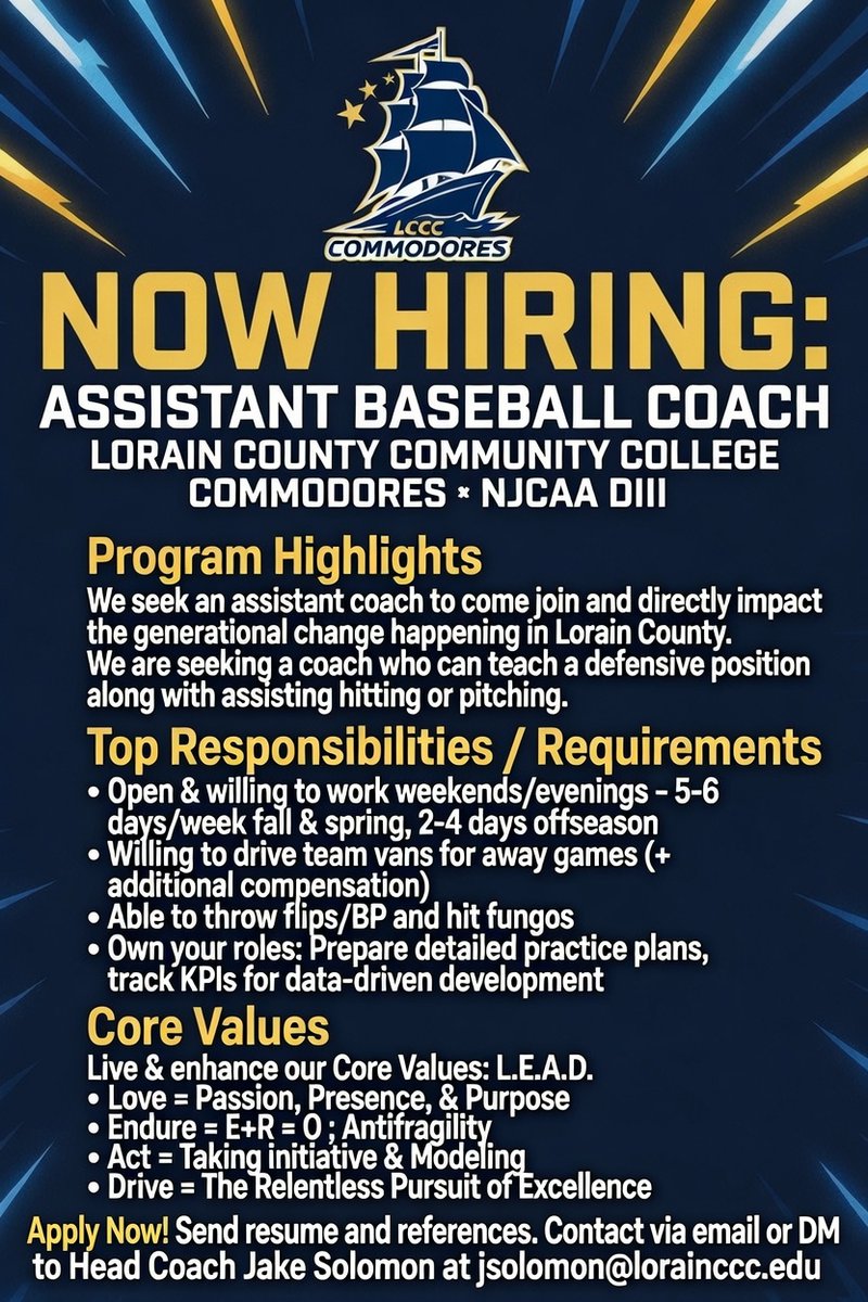 CoachSolly10's tweet photo. 🚨NOW HIRING: Assistant Baseball Coach🚨

The LCCC Commodore baseball program seeks an assistant coach. Come join this special generational change. 

Details are below. DM's and email are open! 

#AnchorDown⚓️
@elahetta33
@LabarTim
@Seth_Anderson02
@CoachBrettMuche