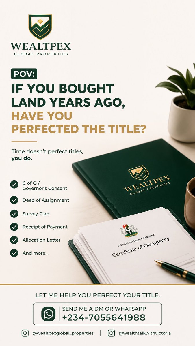 Wealtpexglobal's tweet photo. Buying land is only the first step. 

Protecting your ownership is what really matters.

Too many people buy land, keep the documents in a drawer, and assume everything is fine—until they want to sell, build, or transfer ownership and discover their title was never perfected. https://t.co/h0TeHBkxl9