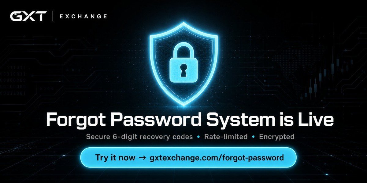 Raymond24a's tweet photo. 🔐 Forgot Password System is Live on GXT Exchange

 Reset your password in 3 quick steps

✅ 6-digit recovery code sent to your email 
✅ Rate-limited for your protection 
✅ Auto sign-in after reset

https://t.co/qiEtFcveuK

#GXTExchange #Security #CryptoTrading https://t.co/9YJpGkNQ6h