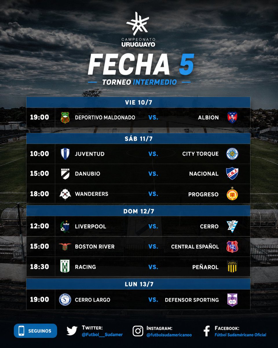 Futbol__Sudamer's tweet photo. #TorneoIntermedio
Así se juega la #Fecha5 entre el Viernes y Lunes. Todos los equipos podrán usar las incorporaciones que han echo a partir del próximo fin de semana.
#FútbolUruguayo #CampeonatoUruguayo #futbolsudamericanooficial https://t.co/mNfaHbcZnx