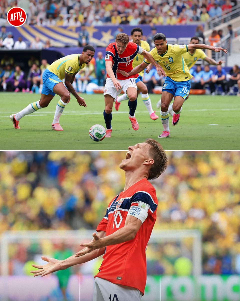 AFTVMedia's tweet photo. ⭐ Martin Odegaard played the full 90 minutes, completed 93% of his passes, made 35 passes into the final third and registered 3 shots as Norway beat Brazil 2-1 to reach the 2026 FIFA World Cup quarter-finals. 🔥

🛡️ Gabriel played the full 90 minutes, made 7 clearances, completed 94% of his passes and registered a key pass in Brazil's 2-1 defeat to Norway.

👟 Gabriel Martinelli also played 67 minutes, won 67% of his duels and created 2 chances for the Selecao.
