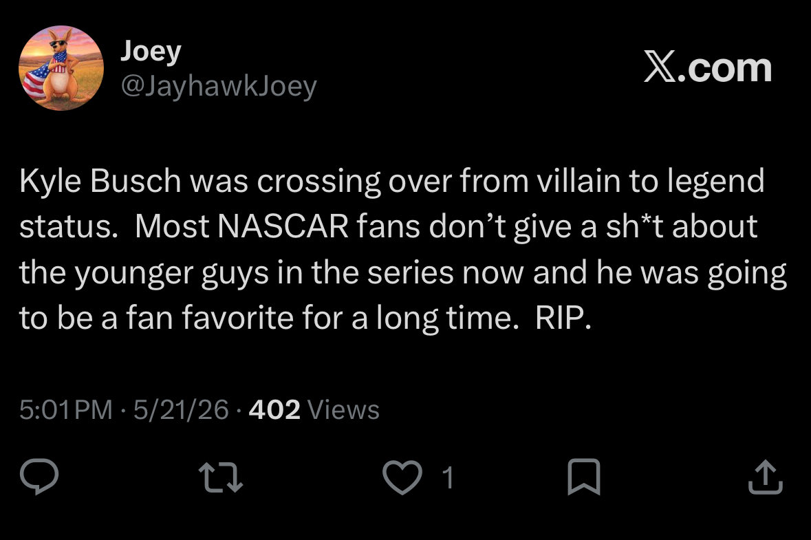 JayhawkJoey's tweet photo. @kaitlynvincie @NASCAR I’m okay with it and as mentioned previously . . . https://t.co/wbmXiCR86v