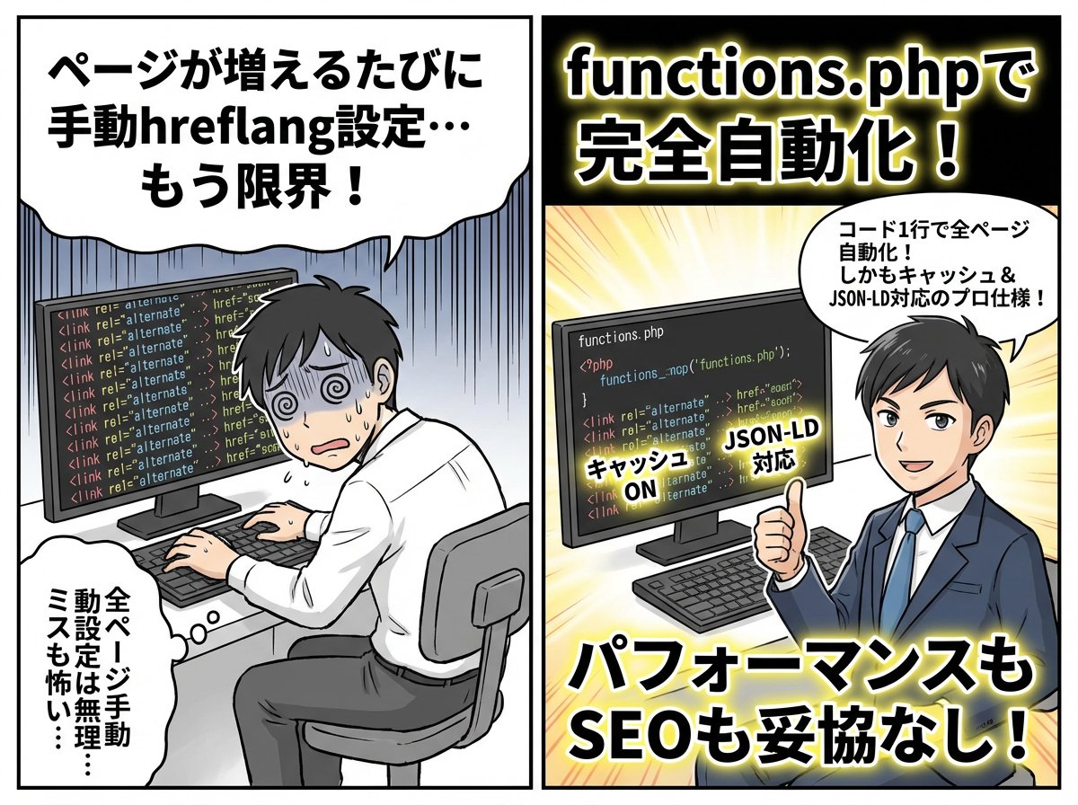 motoki_design's tweet photo. 多言語サイトでhreflangタグの設定は必須。でも手動で設定するのは面倒ですよね。にコードを追加するだけで、すべてのページに動的にhreflangタグを自動出力する方法を解説しています。#WordPress https://t.co/I7rJN4c5an