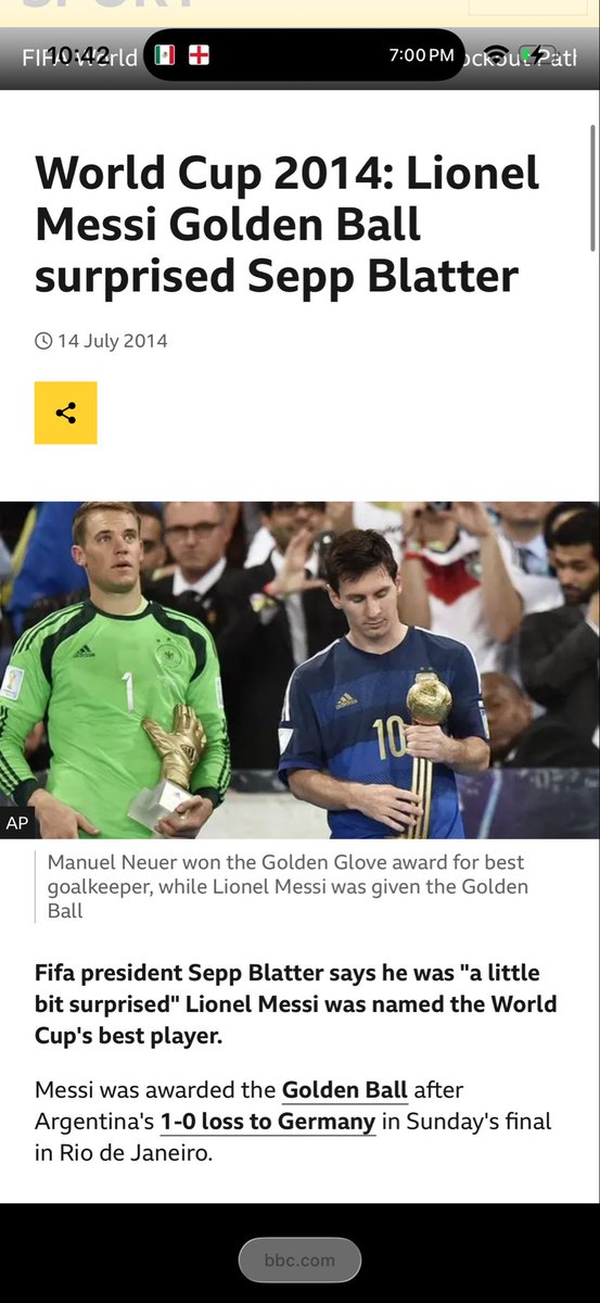 TheAmenReigns's tweet photo. Sepp Blatter, the Ex FiFA President said in 2014 that Messi’s World Cup Golden Ball Award was a mistake. You can’t make this up. https://t.co/3ZLPEdjlHW