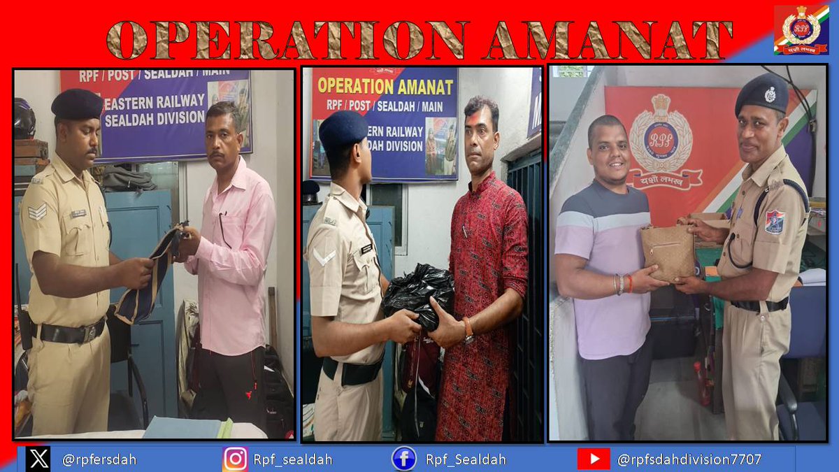 rpfersdah's tweet photo. On 05.07.2026, RPF Officials of Sealdah division recovered  left behind bags containing Cloth, Mobile Charger and other valuables goods, worth Rs. 4700/- from various train and handed over to its rightful owner after due process. 
#OperationAmanat
@RPF_INDIA 
@ErRpf 
@rpfersdah https://t.co/xKQCoYdVtz