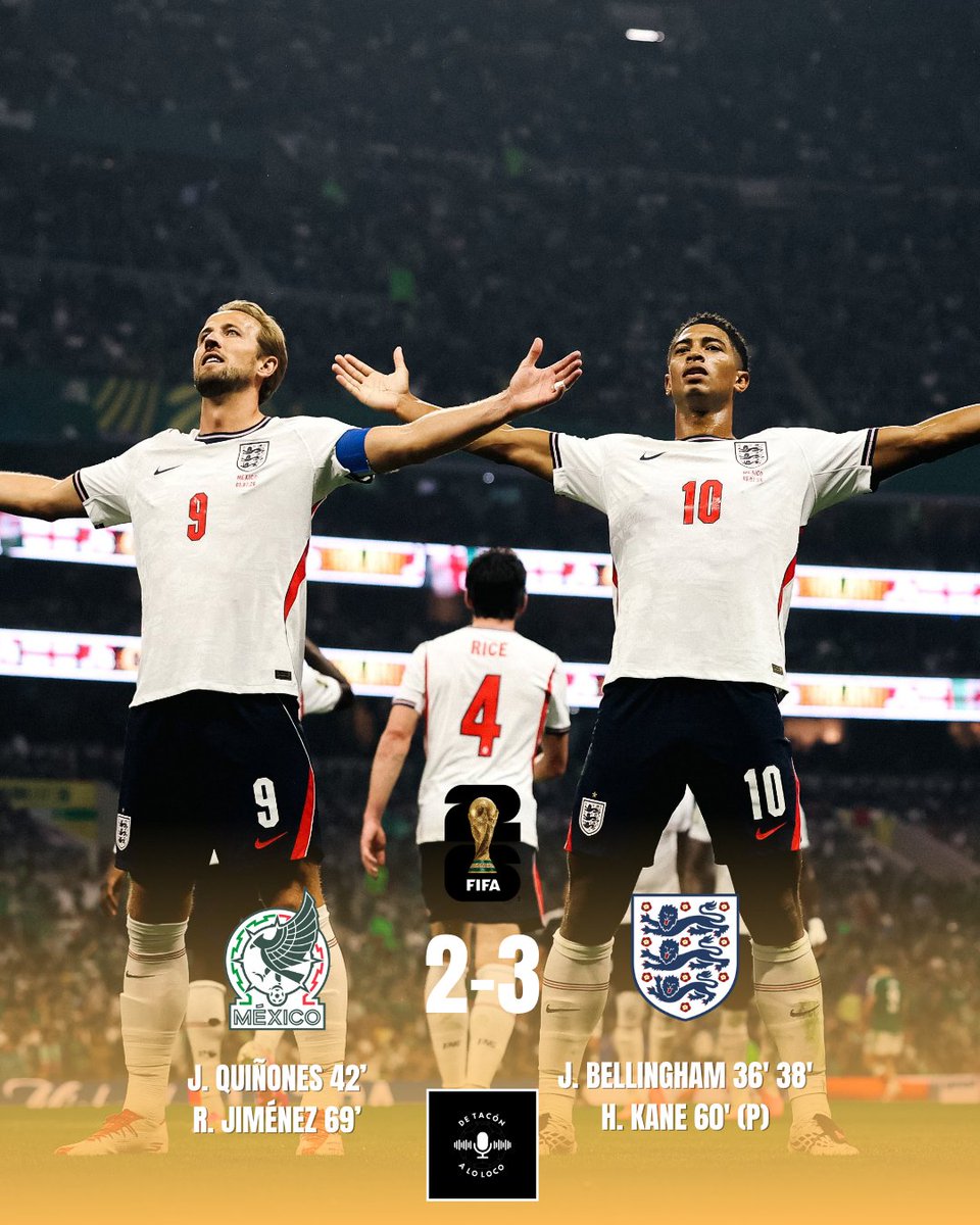 DeTaconALoLoco's tweet photo. 🔚 FINAL | 🇲🇽 MÉXICO 2-3 🏴 INGLATERRA

🔥 Gran partido de Inglaterra que se mostró muy eficaz de cara a portería,  y firmando un encuentro sobresaliente en defensa, con uno menos, para resistir ante una gran selección mexicana.

🏆 MVP: JUDE BELLINGHAM

#mundialdefútbol2026 https://t.co/9ze6bdqdSj