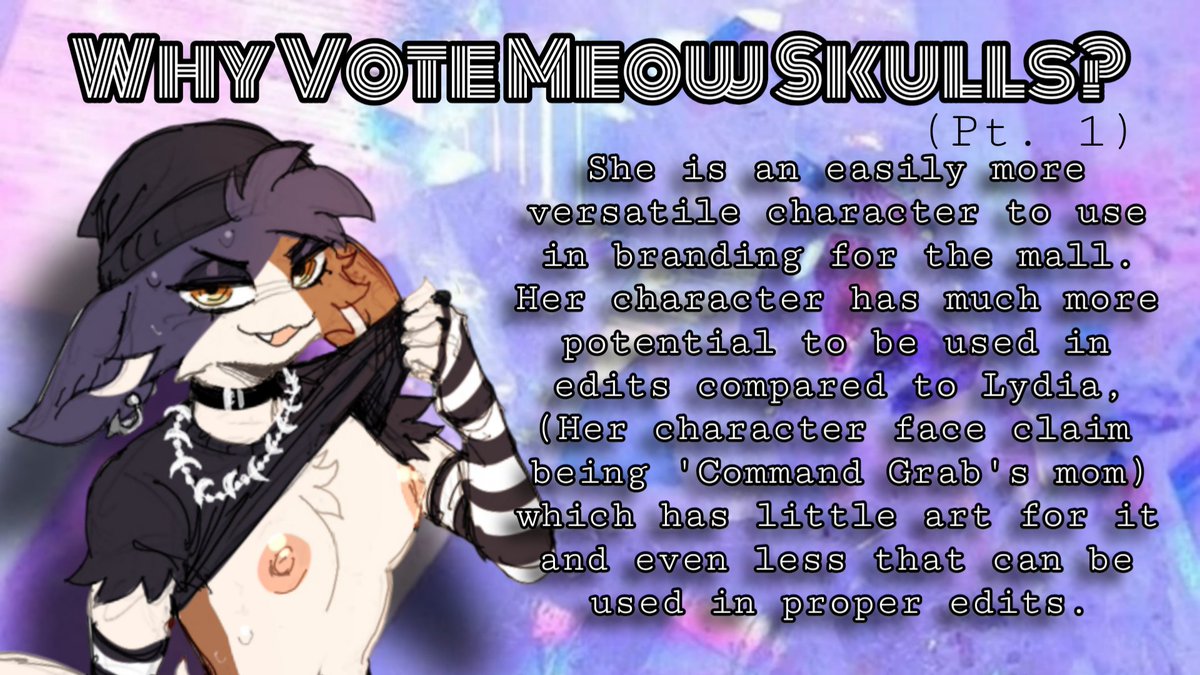 TheLewdestMall's tweet photo. 🛍️ Because she is a newcomer the writer has decided to give a little more insight as to why Meow Skulls is currently in the running for mall mascot! 

Please read this and part 2 in the comments!

[↻+♡ to support Meow Skulls] https://t.co/uBTcm9pNRX