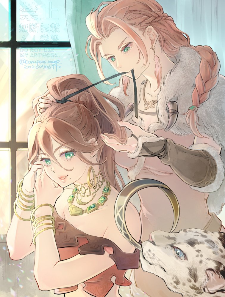 conupuni_nuno's tweet photo. 本日のお絵かき
「あら、いつもありがとう🌹」
🐙ハンイットとプリムロゼ (とリンデ)

朝の身支度をするふたりを描きました🎨
waveboxリクエストありがとうございました！ https://t.co/3ZfXJOmF1q