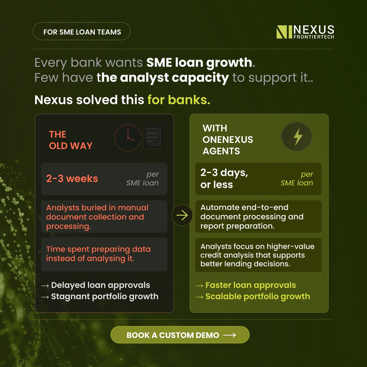 NexusFrontier's tweet photo. Banks do not have an SME lending problem. They have an analyst capacity bottleneck.
See how #OneNexus AI Agents reduce loan turnaround from weeks to days.
Talk to our team: https://t.co/poyYbQYd2W #SMELending #CreditAnalysis #AIGovernance
@dcwgoh @Exp_Mark @Terencecmtse https://t.co/63XbAOVZlt