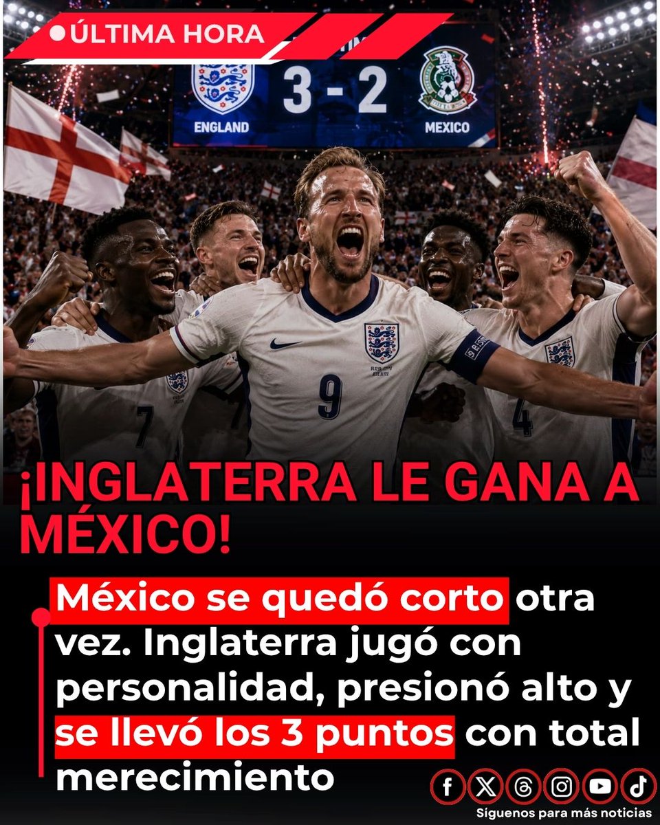 EnsedeCiencia's tweet photo. 🚨¡INGLATERRA LE GANA A MÉXICO! Los Three Lions se imponen con autoridad en un partido intenso. México lo peleó, pero el juego y el orden de Inglaterra terminaron marcando la diferencia.
¡Victoria merecida para los ingleses! https://t.co/iptYbioqmW