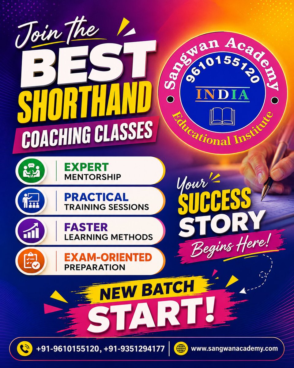 SangwanAcademy's tweet photo. ✍️ Your dream job starts with the right training 
📢 New Batch Started-Enroll Now 
👉Mob. No.:- 09610155120 
👉Whats App -https://t.co/1jtRLO6xLr
👉Instagram-https://t.co/Us4y4I9Vtf
👉 YouTube:-https://t.co/O3kiY4gWix
👉Website:- https://t.co/7C4W3hYoER
 
    #Shorthand https://t.co/mVE24G9voT