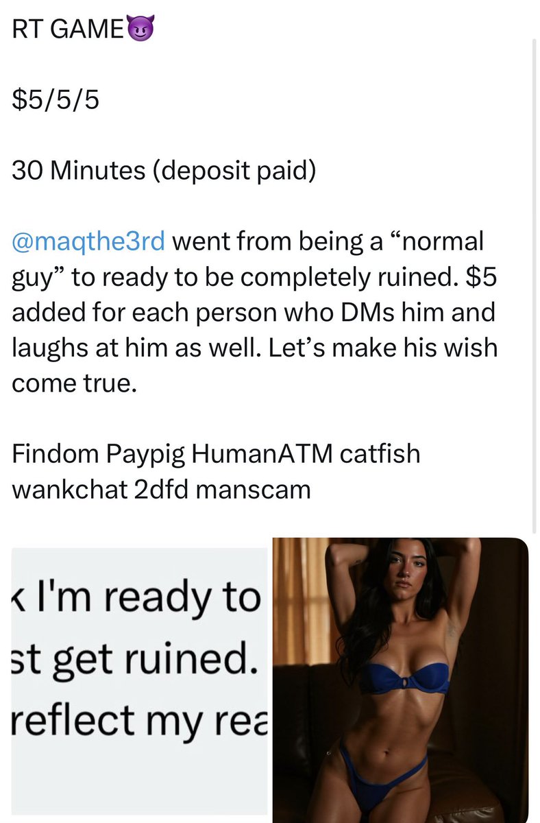 mrmystery10771's tweet photo. Oh my god. @Ppiggie40 actually paid the $100 debt of my last loser who chickened out of his RT game. And gets nothing in return from me. Dommes, laugh at how pathetic he is. Subs, he’ll probably pay for your sessions with me too.

Catfish findom manscam 2dfd wankchat https://t.co/upj9bzpEy7